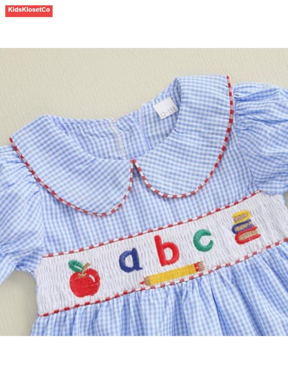 Toddler Girl Back to School Dress Plaid Embroidery Puff Sleeve Smocked - Picture 6 of 6